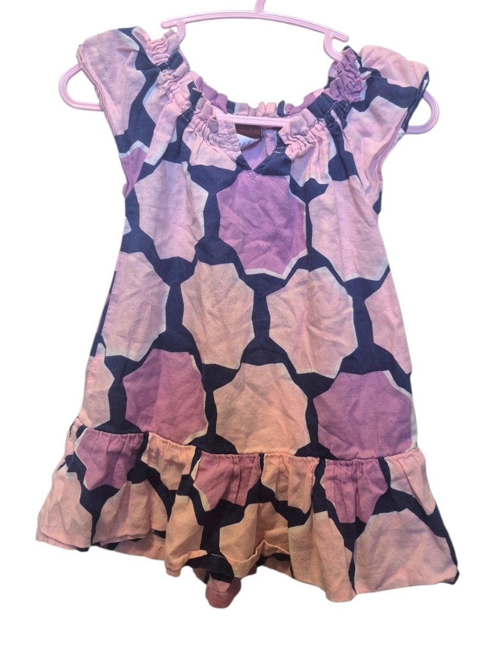 Tea Collection Pink and Navy Geometric Ruffle Hem Dress